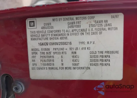 1997 GMC Jimmy Sls z USA, uszkodzony, nr VIN 1GKCS13W9V2558216